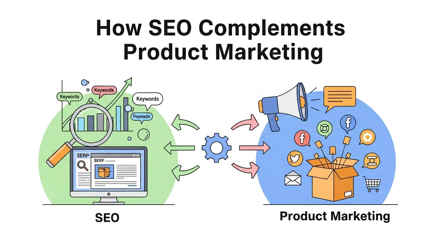 Marketing team reviewing keyword data and product strategy to integrate SEO in product marketing content for better visibility and conversions