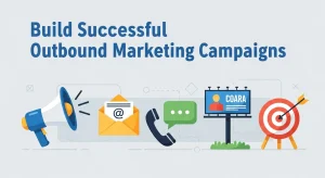 Marketer planning successful outbound marketing campaigns using emails, phone calls, and digital ads on a laptop with data charts and strategy notes on a desk