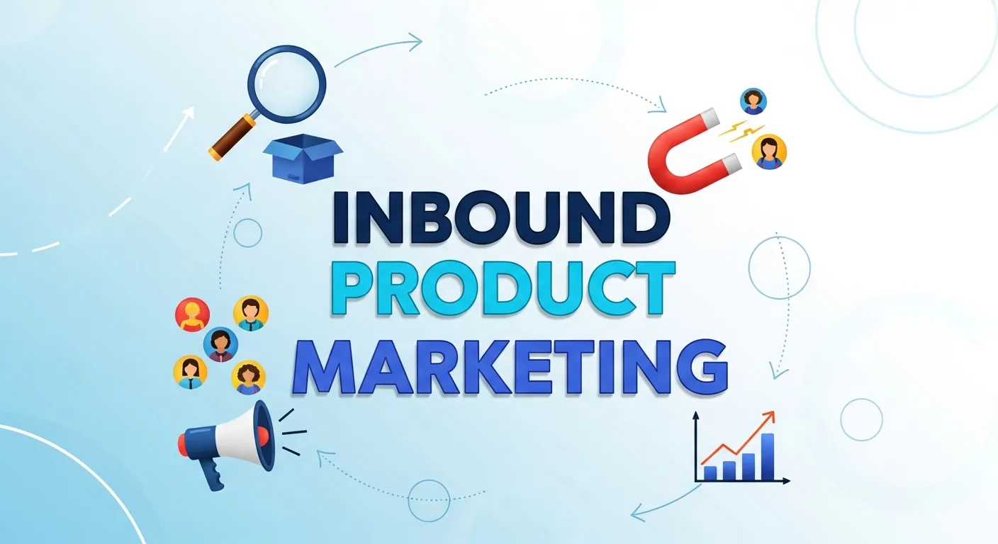 Inbound product marketing concept showing customers engaging with content, SEO, blogs, and social media to discover a brand organically