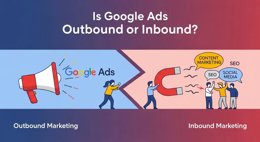 Digital marketer analyzing Google Ads dashboard to compare inbound and outbound campaign performance