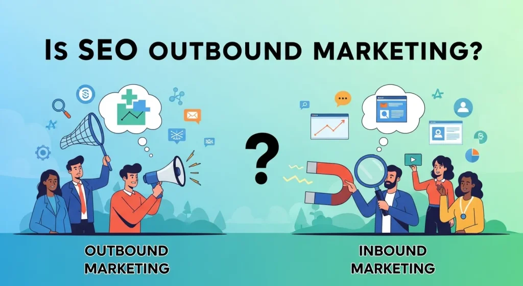Illustration showing the difference between SEO and outbound marketing, with search engine results representing inbound traffic and advertisements symbolizing outbound outreach.
