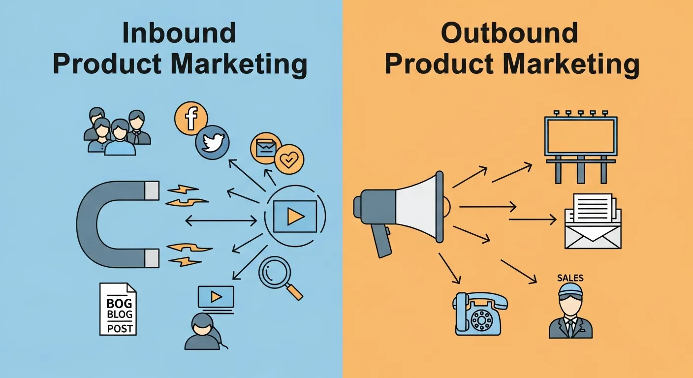 Visual comparison chart highlighting the key differences between inbound and outbound product marketing — push vs pull, cost, targeting, and engagement styles