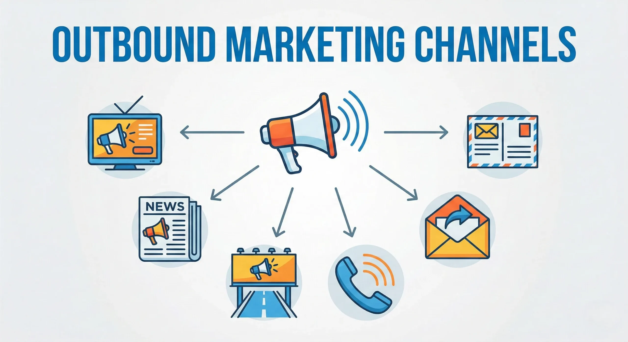 Visual overview of outbound marketing channels used most often, including cold calling, email campaigns, paid advertising, direct mail, and trade shows.