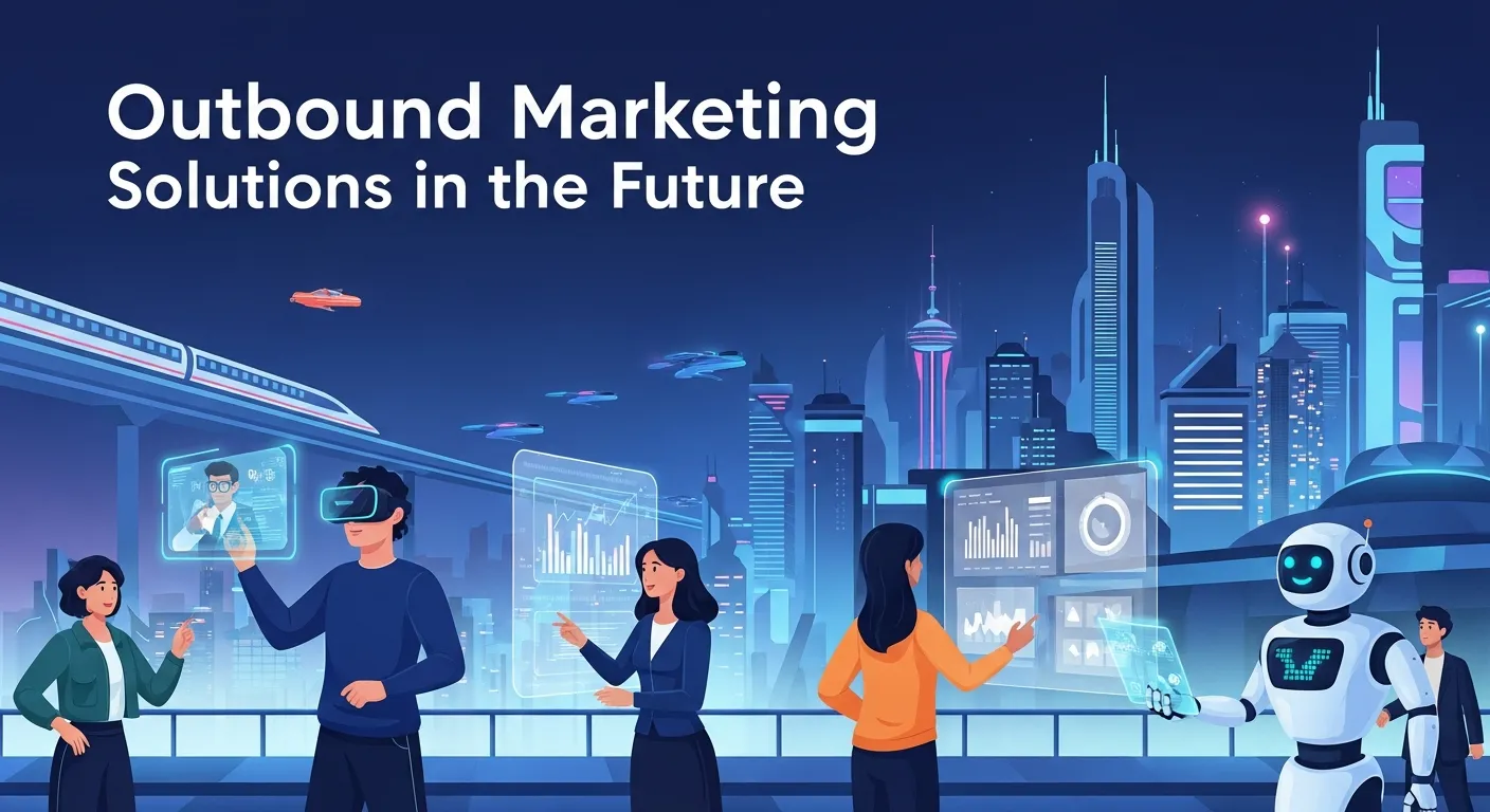 Illustration showing the future of outbound marketing solutions, highlighting AI-driven outreach, data personalization, automation, and omnichannel engagement.