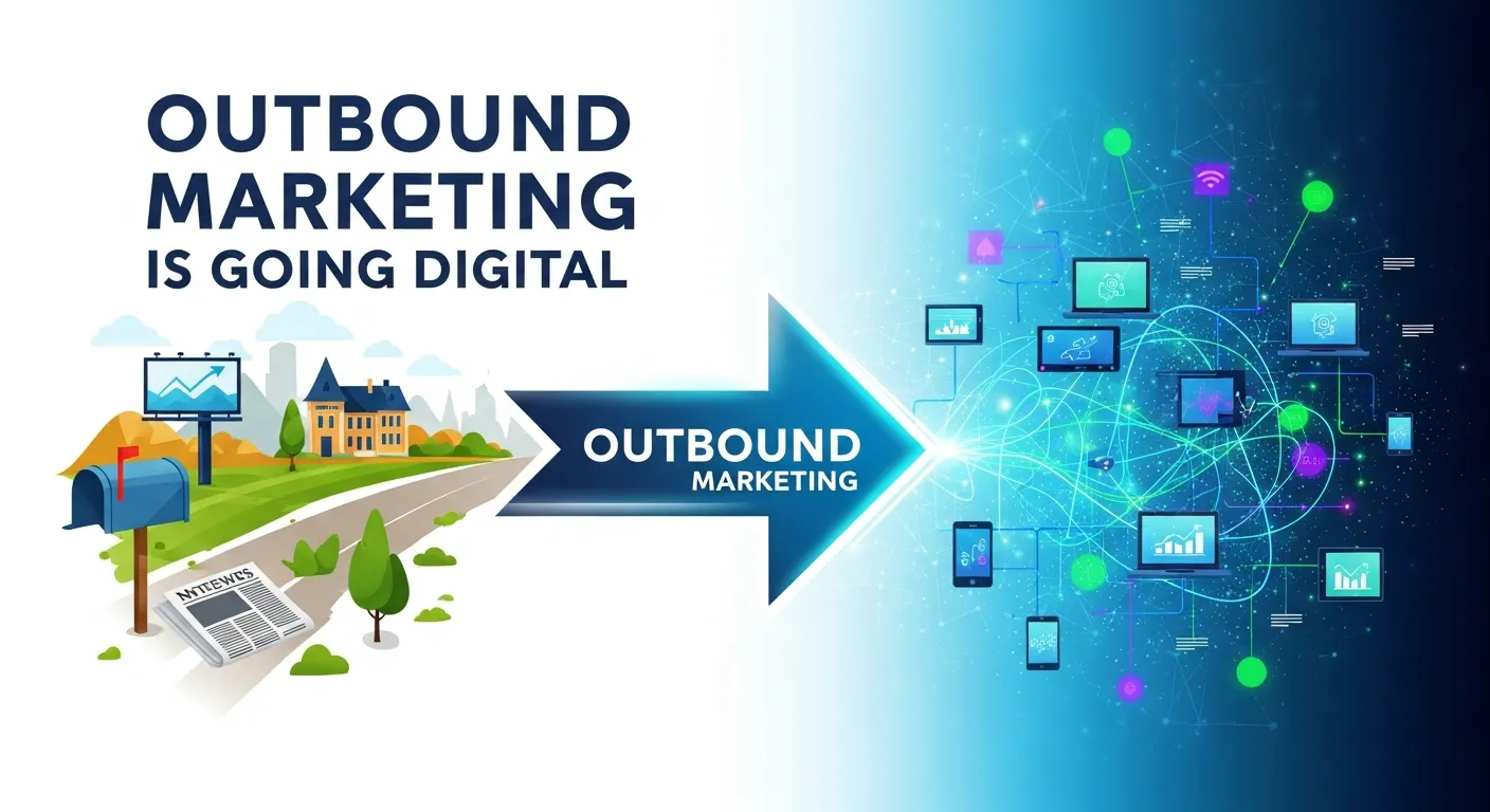 Digital transformation of outbound marketing with programmatic ads, email automation, and social media outreach displayed on multiple screens