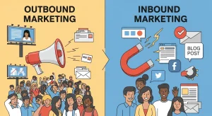 Comparison of outbound marketing and inbound marketing strategies showing differences in approach, audience engagement, and business growth potential