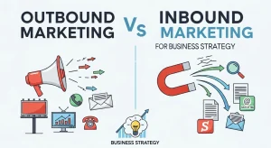 "Outbound vs inbound marketing illustration showing ads and emails versus content and SEO."