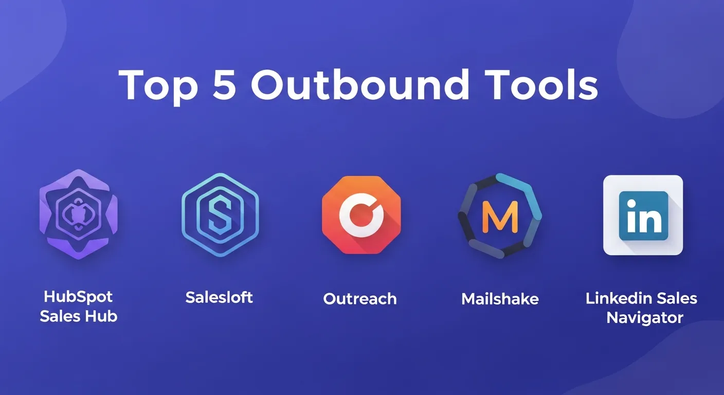 Collection of top outbound marketing tools logos like HubSpot, Salesloft, Outreach, Mailshake, and LinkedIn Sales Navigator displayed on a laptop screen