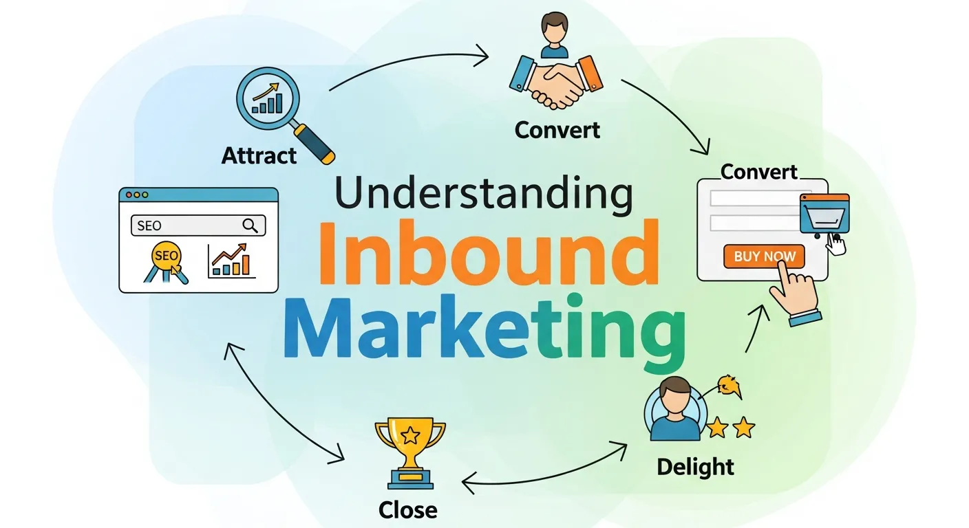 Inbound marketing illustration showing SEO, content creation, and social media attracting customers organically.