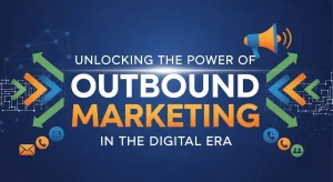 Digital outbound marketing concept showing email outreach, social media ads, and analytics dashboard symbolizing business growth.