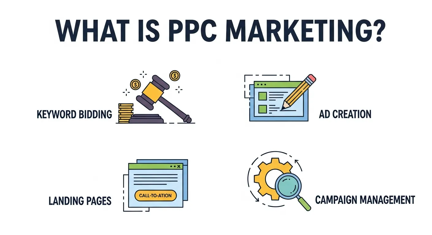 Illustration showing how PPC ads appear in search engine results and display networks, representing the pay-per-click advertising model.