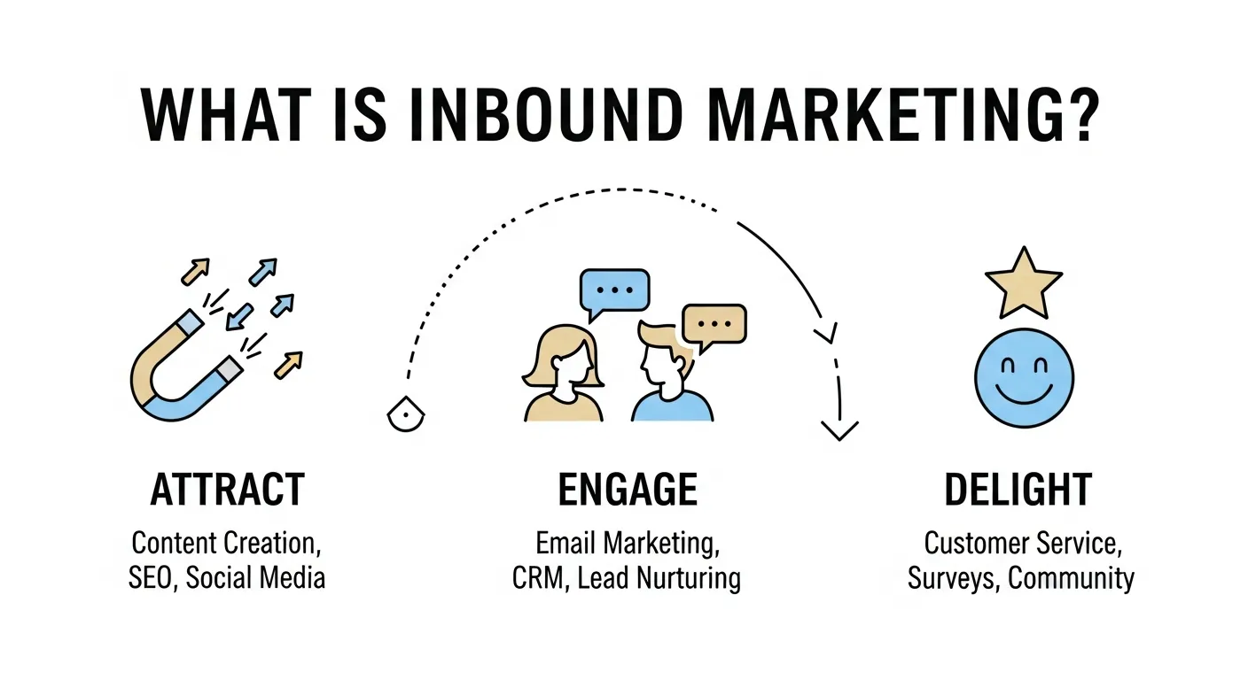 A content marketing team developing SEO-optimized blogs, social media posts, and email campaigns to attract and engage customers organically, representing the concept of inbound marketing.