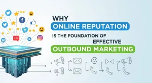 Business team analyzing online reviews and digital reputation metrics to enhance outbound marketing strategy and build customer trust