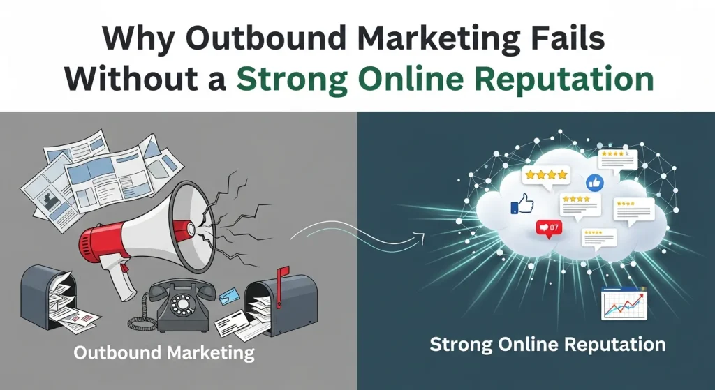 Business professional analyzing online reviews and brand reputation to save outbound marketing fail.