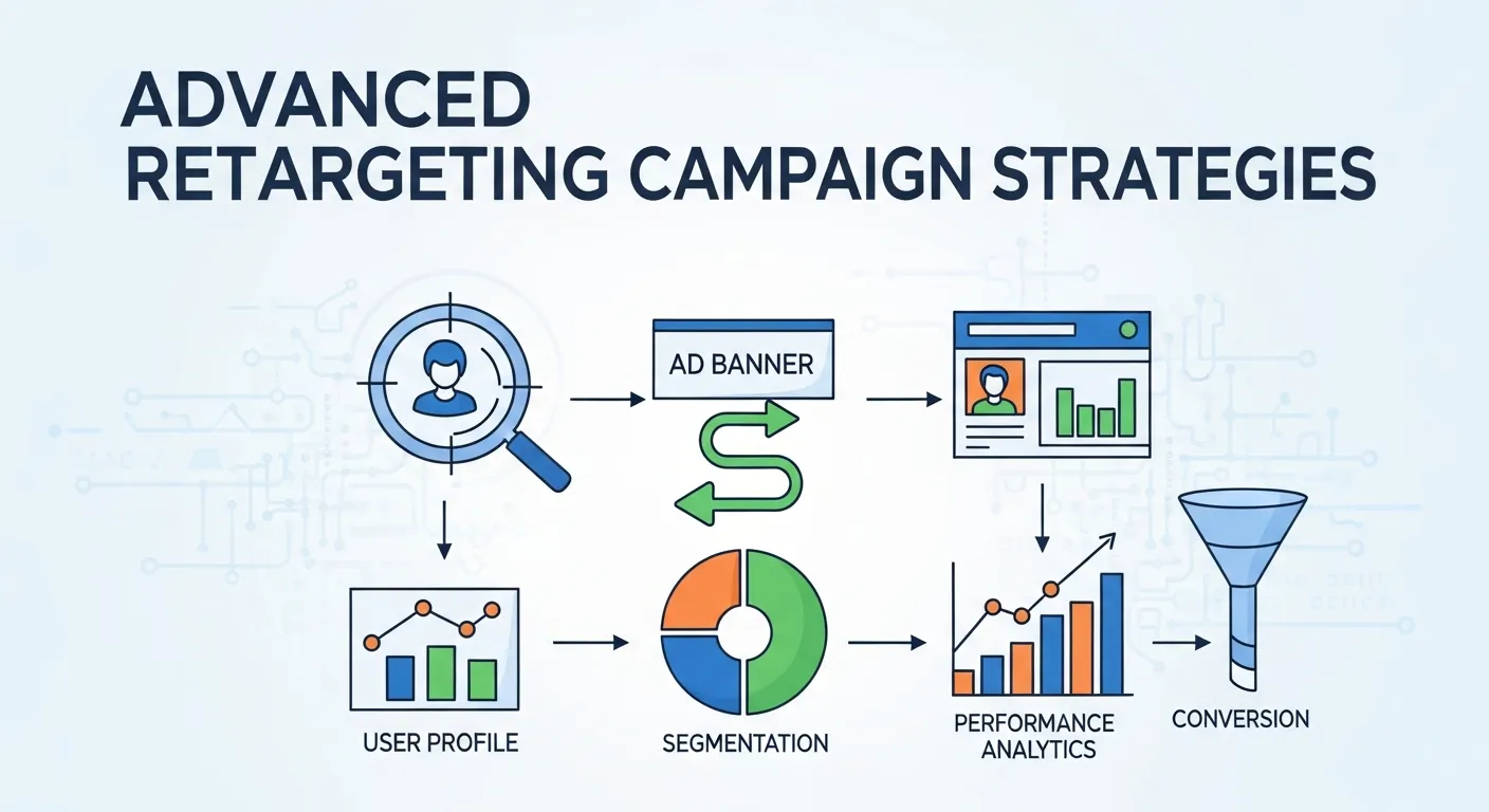 Sequential retargeting campaign flow showing multi-touch ad sequence from awareness to conversion