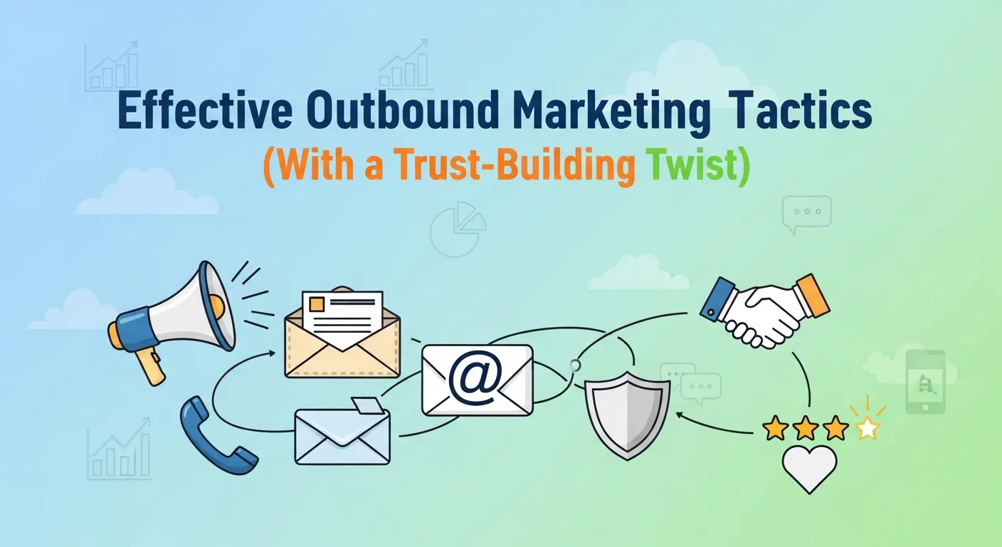 Marketing professionals developing outbound marketing strategies with direct mail, cold calling, and event marketing plans to build trust and increase product sales