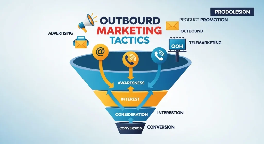 Illustration of a product promotion funnel with outbound marketing tactics showing lead generation, nurturing, and conversion stages.