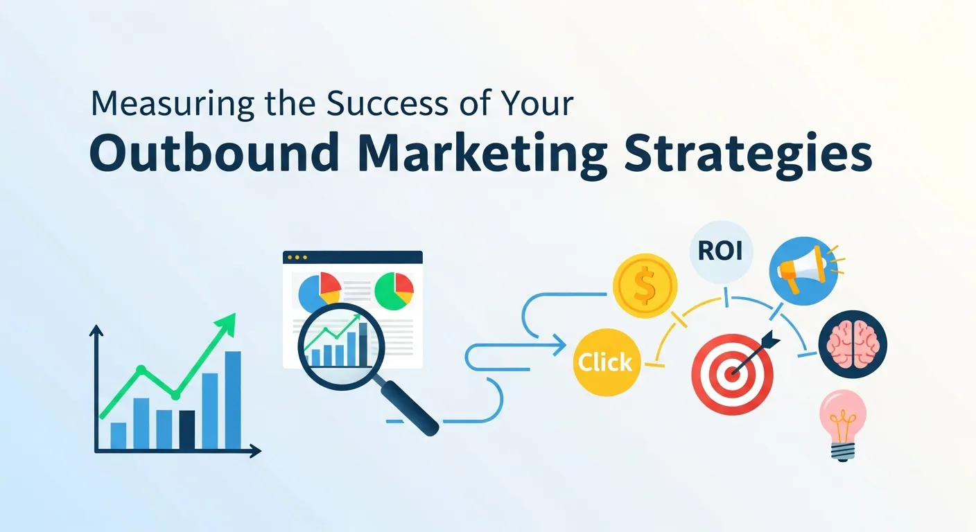 Marketer analyzing outbound marketing performance metrics including conversion rates, ROI, and customer acquisition costs on a digital dashboard