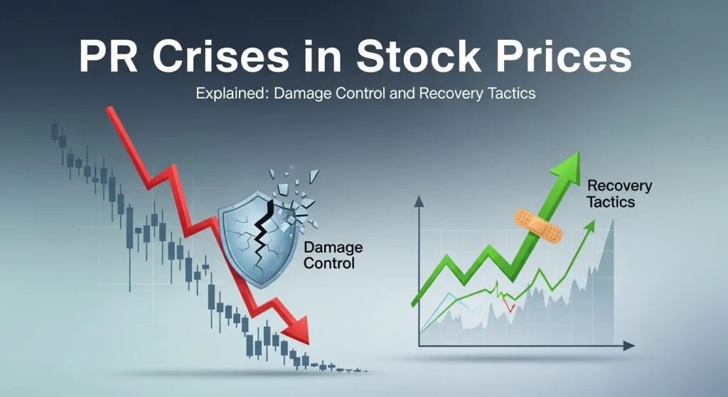 Business team analyzing PR crises in stock prices and planning recovery tactics.