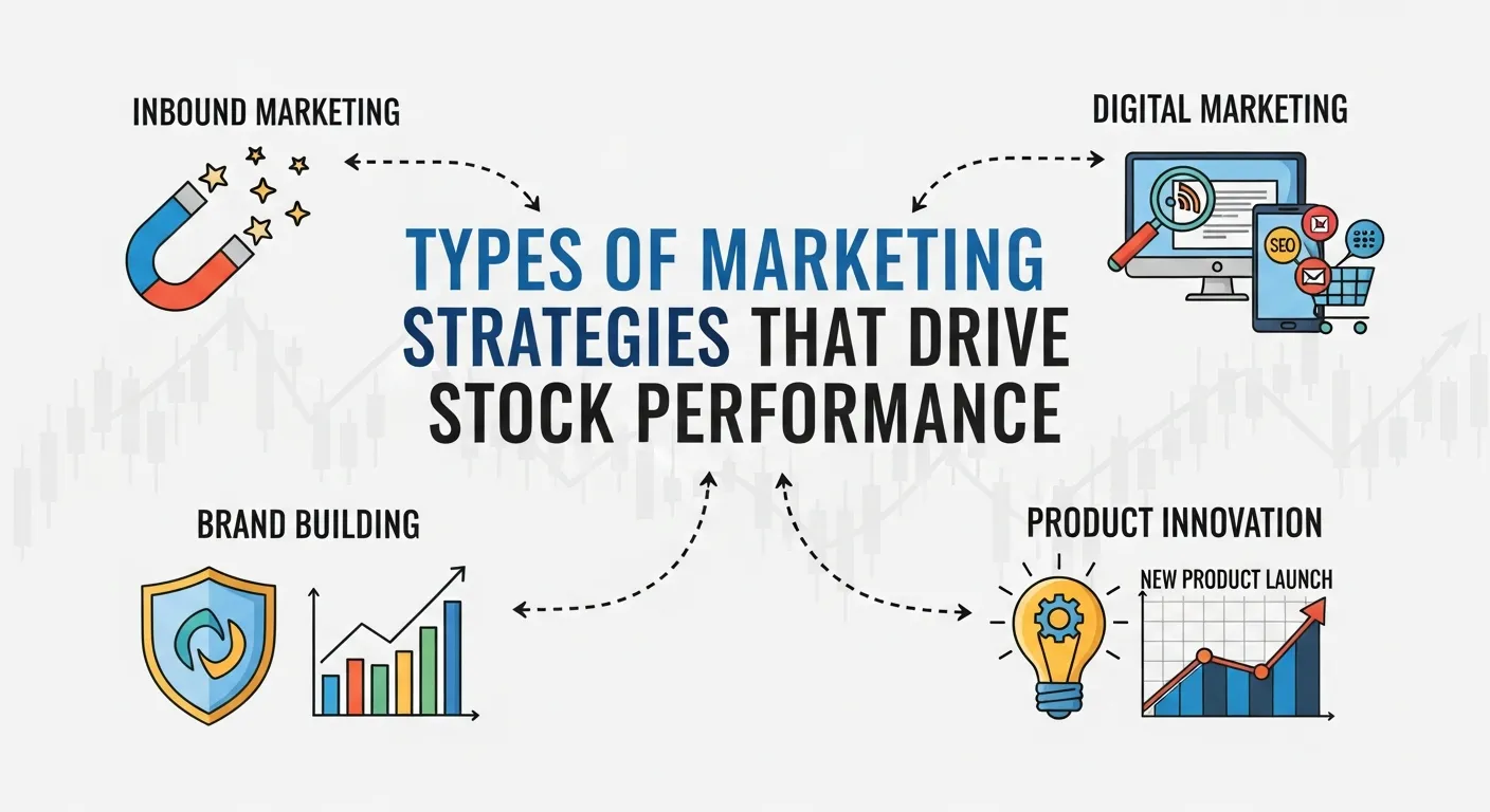 Marketing strategies influencing stock prices through innovation, brand building, and market expansion planning illustration