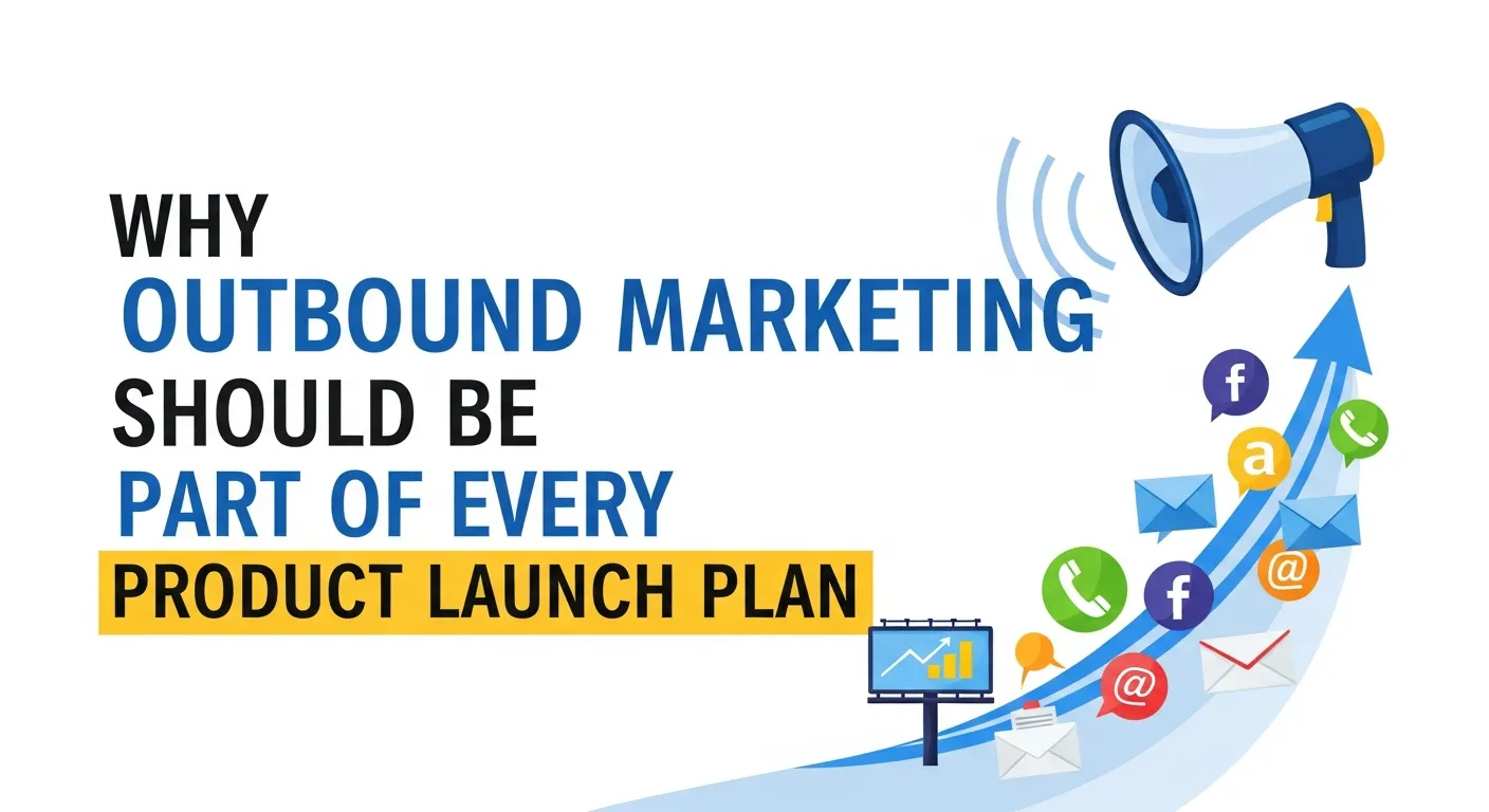 Product launch event with marketing team presenting new product using outbound strategies like media coverage, ads, and live demonstrations.