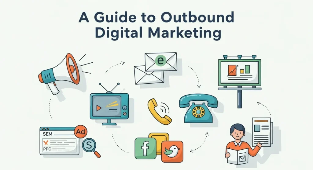 Illustration showing marketers using digital tools like email, PPC ads, and social media for outbound digital marketing strategy