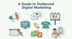 Illustration showing marketers using digital tools like email, PPC ads, and social media for outbound digital marketing strategy