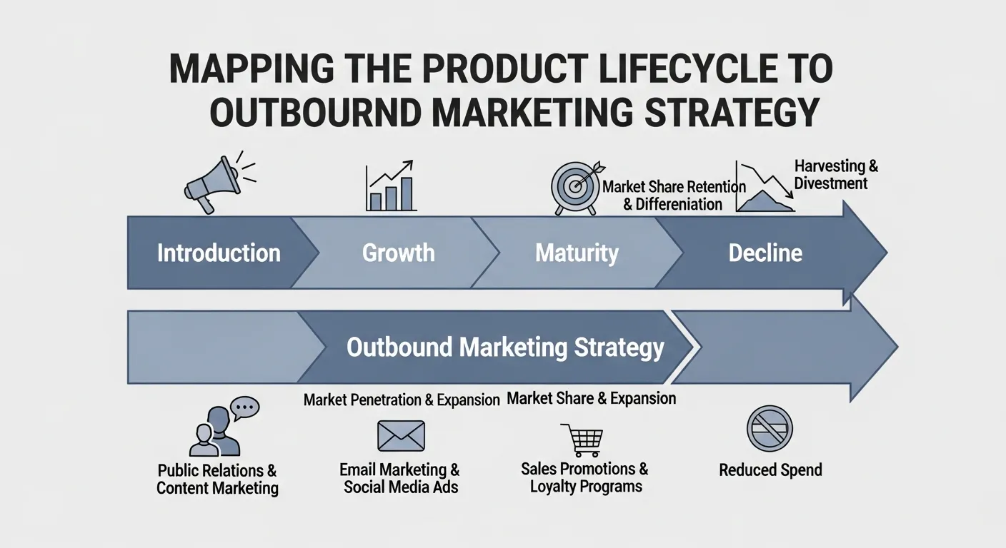 Diagram mapping the product lifecycle to outbound marketing strategy, showing how digital campaigns evolve from awareness to retention