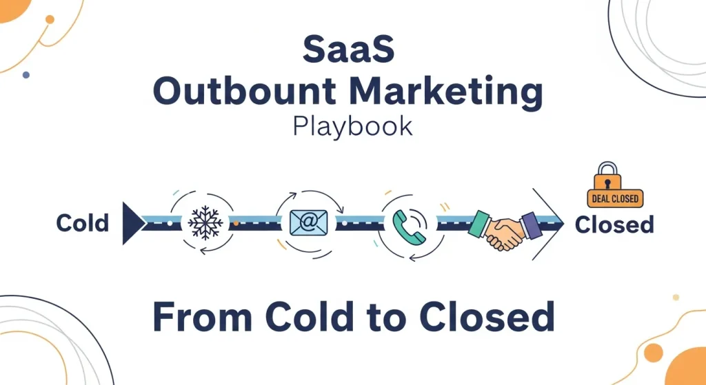 SaaS outbound marketing playbook showing strategy flow from cold leads to closed deals with digital sales and CRM tools illustration