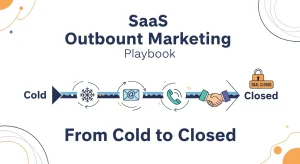 SaaS outbound marketing playbook showing strategy flow from cold leads to closed deals with digital sales and CRM tools illustration