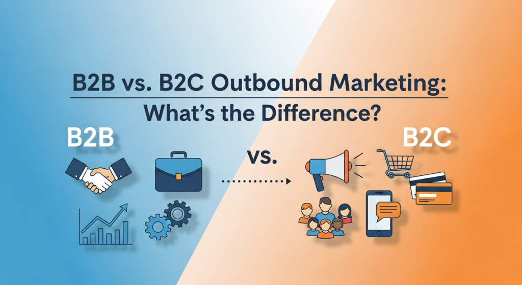 Illustration comparing B2B vs B2C outbound marketing strategies, showing business professionals and consumers engaging with digital marketing channels
