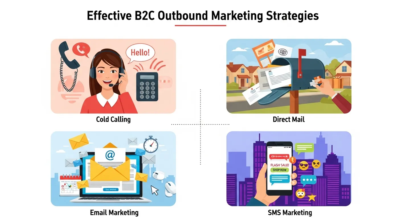 Visual representation of B2C outbound marketing through social media ads and influencer collaborations, contrasting B2B vs B2C approaches.