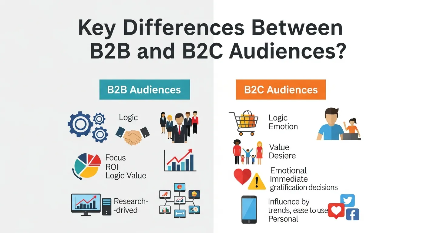 Infographic comparing B2B vs B2C audiences, highlighting decision-making, relationships, and purchase motivations.