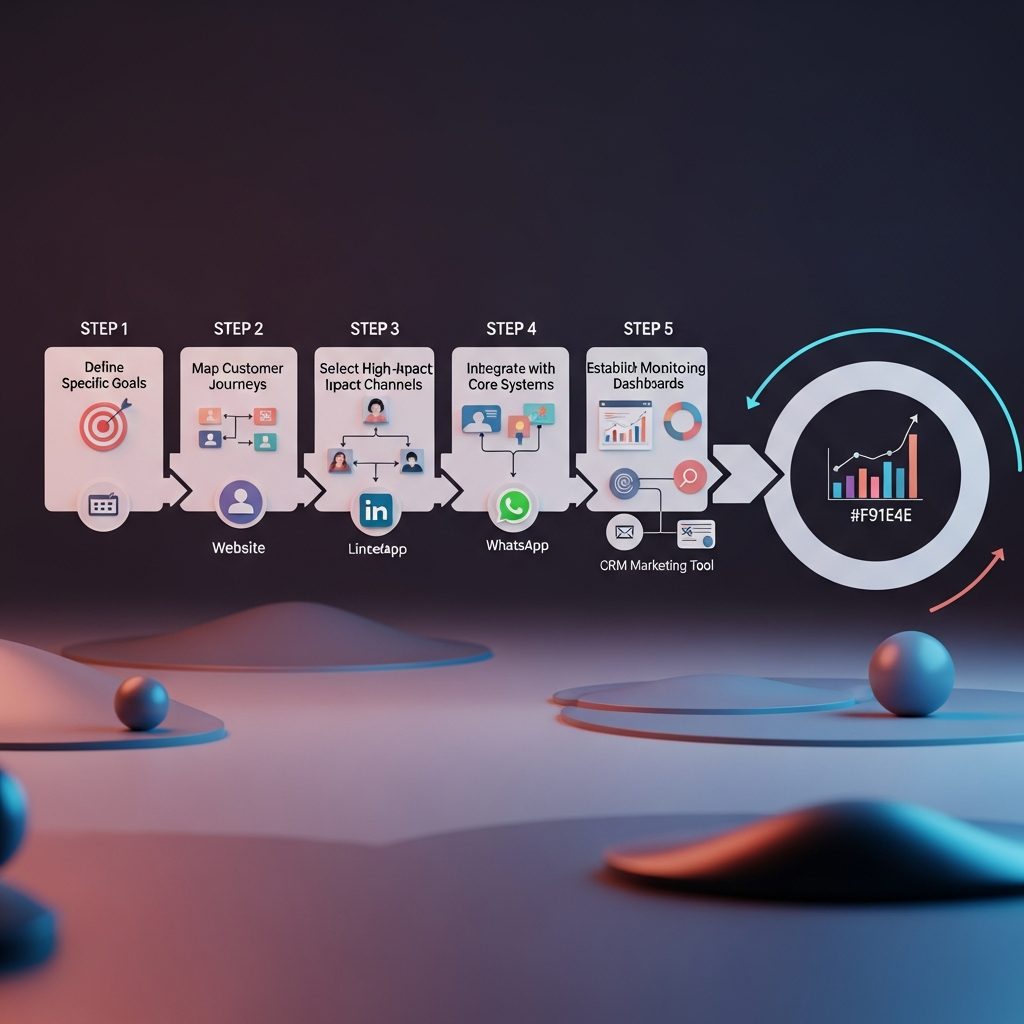 A clean, modern five-step roadmap diagram illustrating strategic chatbot integration: Step 1 “Define Specific Goals” with a target icon, Step 2 “Map Ideal Customer Journeys” with a persona flowchart, Step 3 “Select High-Impact Channels” showing website, LinkedIn, WhatsApp icons, Step 4 “Integrate with Core Systems” depicting CRM and marketing tool connections, and Step 5 “Establish Monitoring Dashboards” with charts and graphs—connected by arrows on a light background.