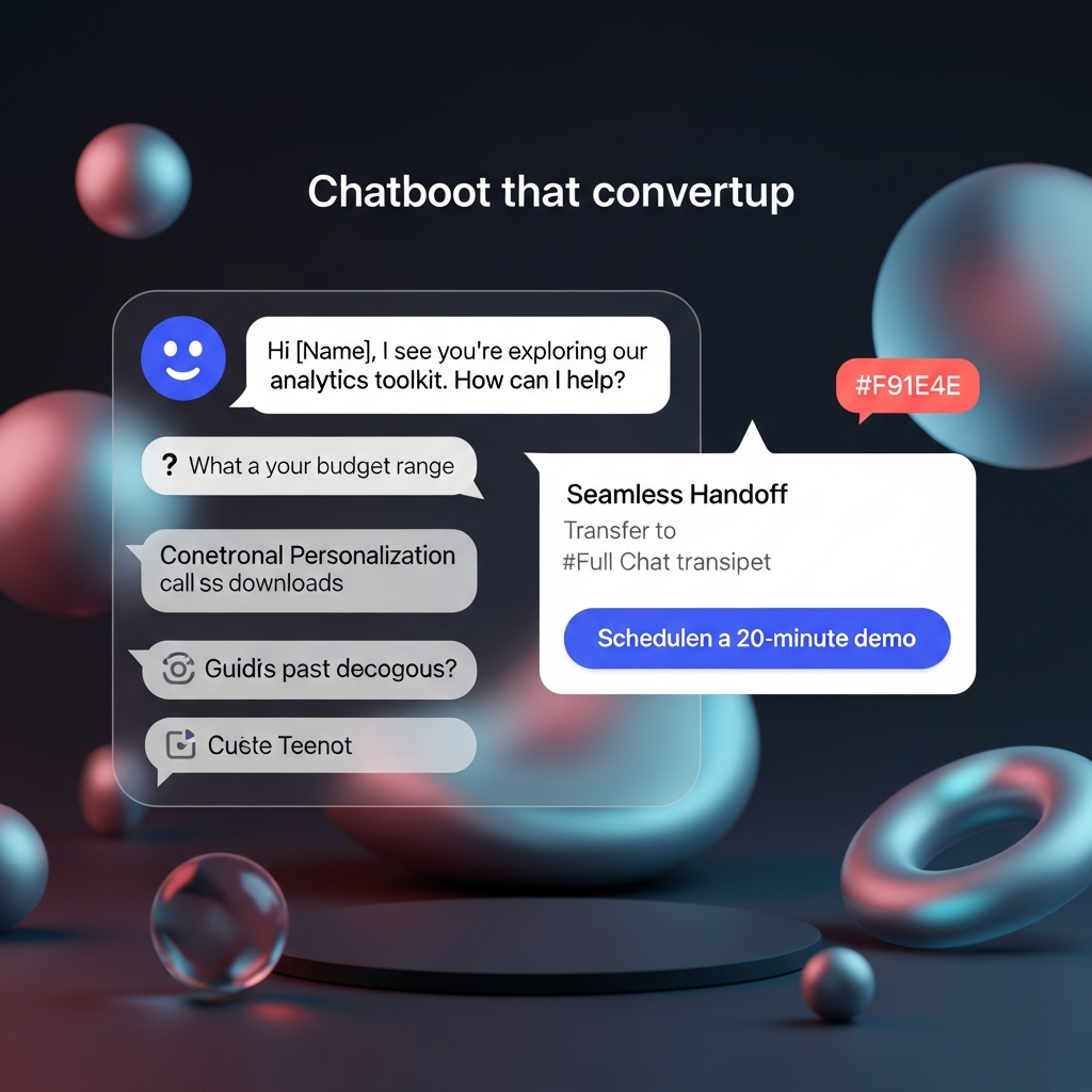 A stylized chatbot-conversation mockup showing dialogue that converts: a friendly onboarding bubble saying “Hi [Name], I see you’re exploring our analytics toolkit. How can I help?”, followed by guided discovery question bubbles (“What’s your budget range?”), contextual personalization call-outs referencing past downloads, a prominent “Schedule a 20-minute demo” button, and a seamless handoff panel indicating transfer to a human agent with full chat transcript.