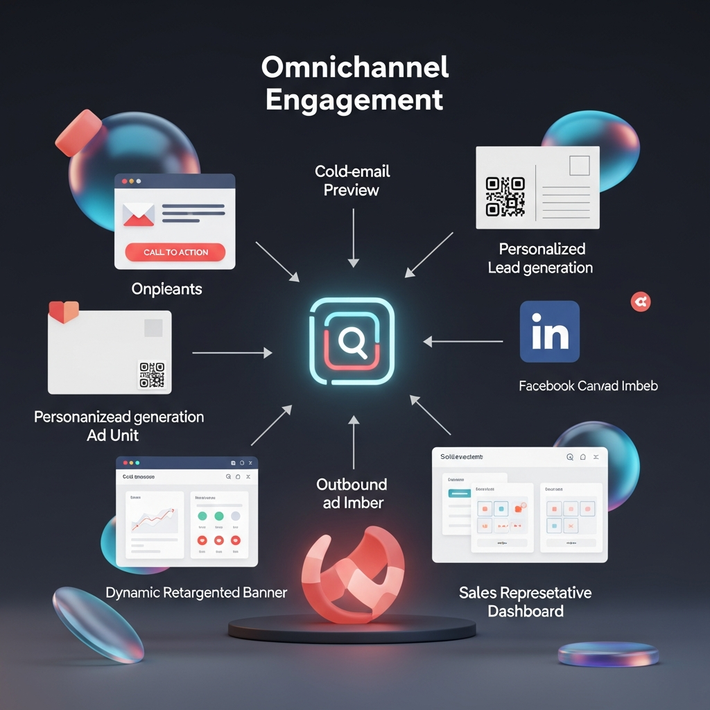 An omnichannel engagement flow diagram: at the center, a glowing interactive asset icon (e.g. a quiz), with arrows branching out to a cold-email preview featuring a CTA button, a personalized postcard bearing a QR code, a LinkedIn lead-gen ad unit, a Facebook Canvas ad embed, a dynamic retargeting banner on a website, and a sales rep dashboard displaying CRM-logged quiz results—visually tying each channel into one orchestrated outbound campaign.