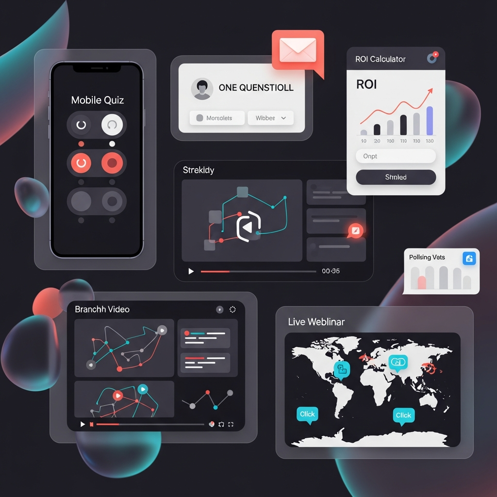 A vibrant catalog of interactive marketing tools laid out as a collage: a mobile quiz with multiple-choice bubbles, a one-question email poll widget, a sleek ROI calculator with input fields and rising graph, a branching video player showing clickable narrative paths, a live webinar interface with polling and chat panels, and a world map infographic that reacts to clicks—all labeled and stylized in a cohesive color palette.