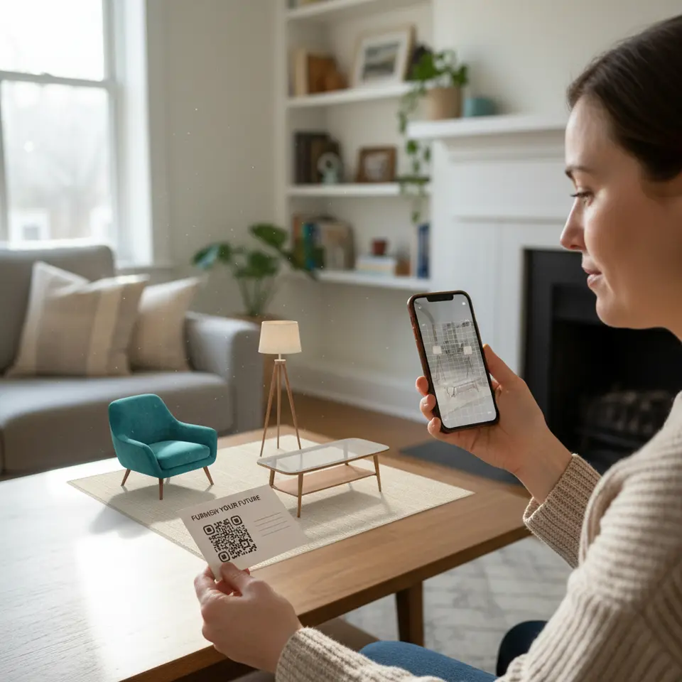 AR-Enhanced Direct Mail: A prospective customer holding a printed postcard with a QR code on a coffee table, pointing their smartphone at it—triggering life-size, hyper-realistic 3D furniture models (chairs, tables, lamps) to appear and float in their real living room environment.