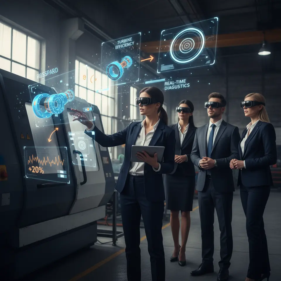 Live AR-Powered Sales Presentation: A sales representative in a modern office or factory floor, wearing AR glasses (or holding a tablet) as digital 3D product models and animated callouts overlay and annotate real-world equipment—highlighting features, data charts, and interactive UI elements during a client pitch.