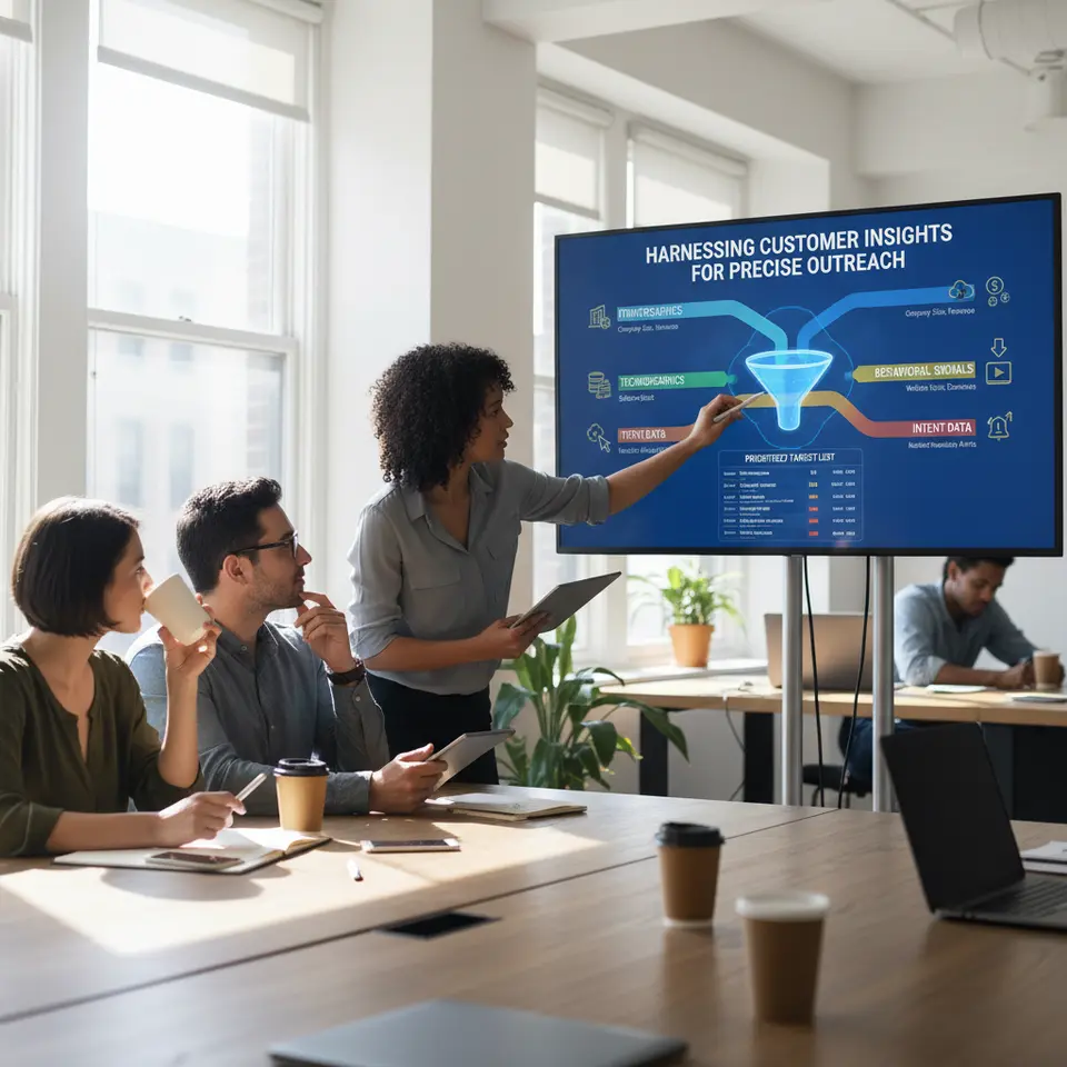 An infographic visualizing ‘Harnessing Customer Insights for Precise Outreach’ as four layered data streams—Firmographics (company size, industry, revenue), Technographics (software stack icons), Behavioral Signals (website visits, downloads), and Intent Data (market-readiness alerts)—merging into a prioritized target list on a dashboard.
