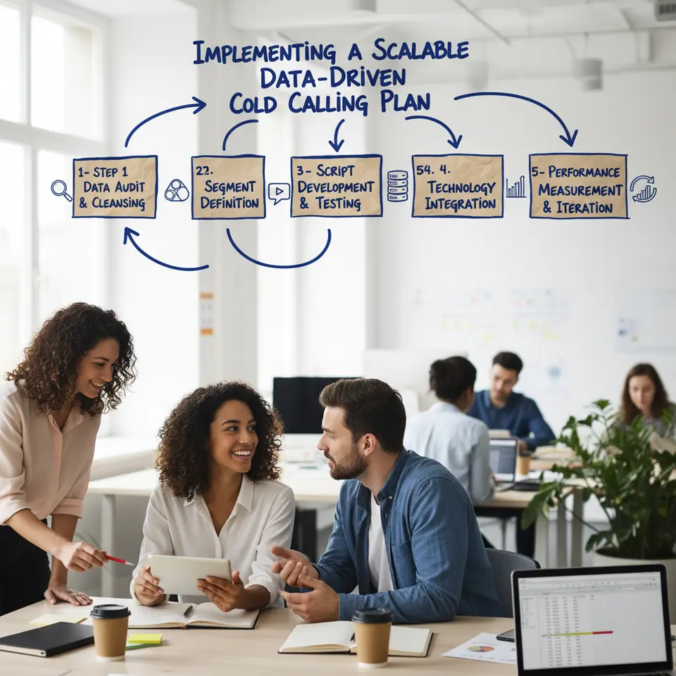 A five-step rollout roadmap for ‘Implementing a Scalable Data-Driven Cold Calling Plan,’ showing sequential milestone banners: Step 1 – Data Audit & Cleansing, Step 2 – Segment Definition, Step 3 – Script Development & Testing, Step 4 – Technology Integration, Step 5 – Performance Measurement & Iteration, connected by arrows on a timeline.