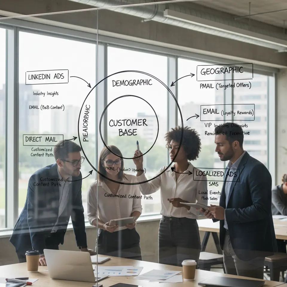 An audience segmentation matrix illustrating concentric layers—firmographic, demographic, behavioral, geographic—with arrows mapping each segment to its ideal outreach channel (email, phone, LinkedIn ads, direct mail), highlighting the customized content path for each group.