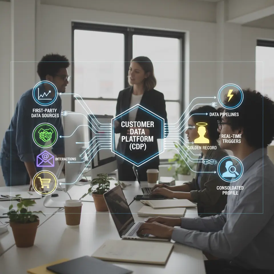 A detailed diagram of a unified data infrastructure: multiple first-party data sources—website analytics, CRM records, email interactions, transaction logs—flowing through data pipelines into a central Customer Data Platform. Show connectors or APIs merging into a single golden record for each contact, with real-time triggers and a clean, consolidated profile icon.