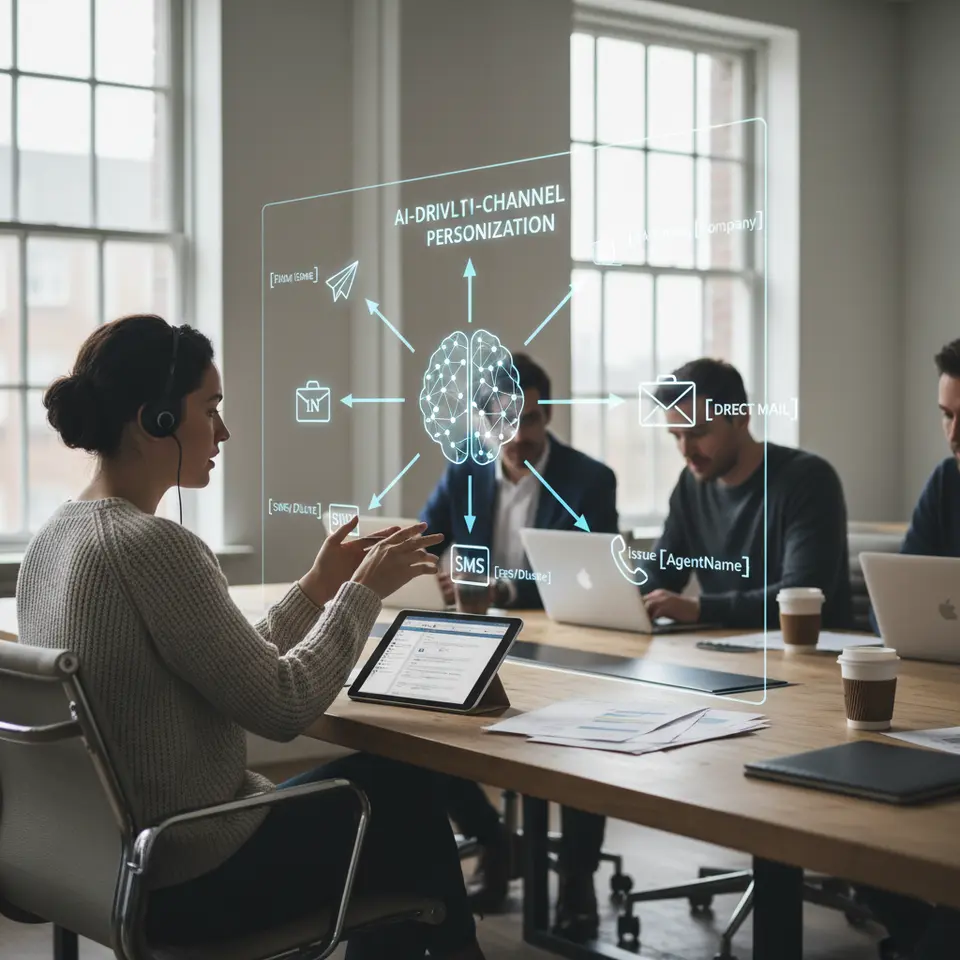 An illustrative concept of AI-driven multi-channel personalization: a stylized AI brain or neural network at the center, with branching arrows to icons representing email, SMS/text message, LinkedIn InMail, direct mail/postcard, and phone call. Include dynamic personalization tokens (e.g., {FirstName}, {Company}) floating near each channel to emphasize tailored outreach.