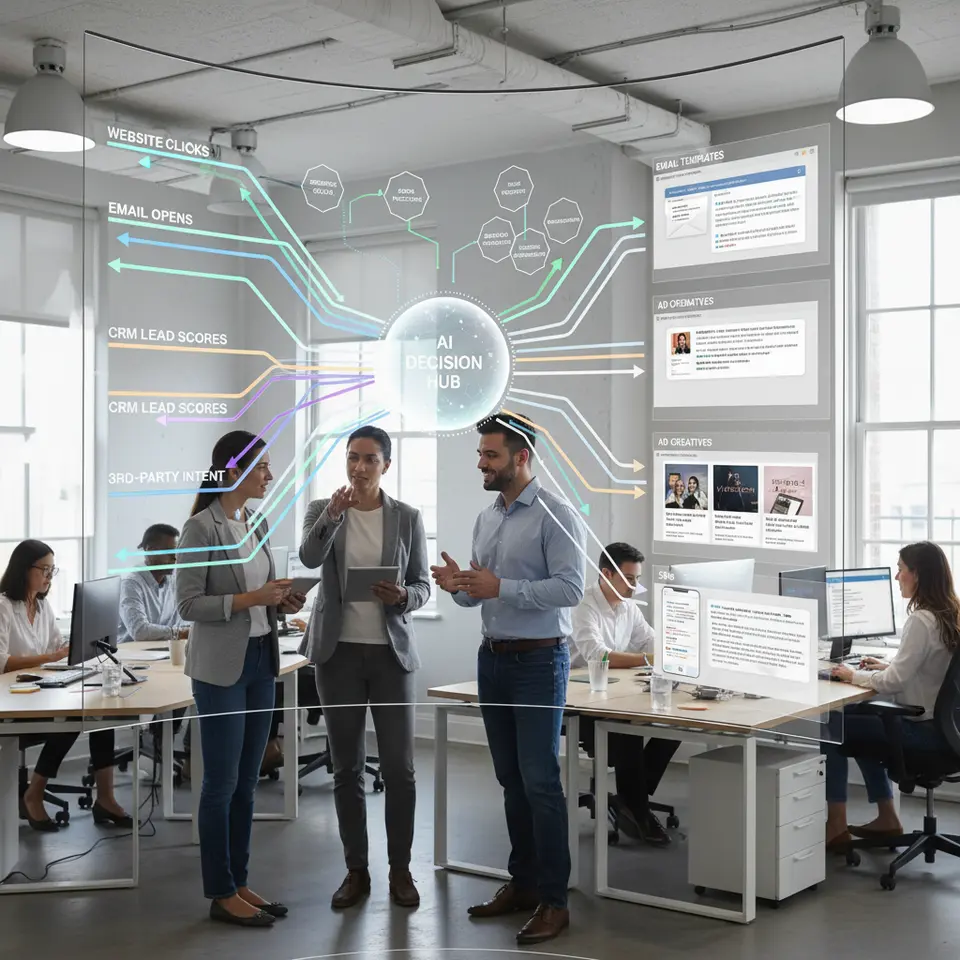 A dynamic, real-time personalization engine: visualize multiple data streams (website clicks, email opens, CRM lead scores, third-party intent signals) converging into a central AI-driven hub that instantly evaluates inputs and outputs tailored messages (email templates, ad creatives, SMS). Show live data flow arrows, decisioning logic nodes, and dynamic content populating final outreach channels.