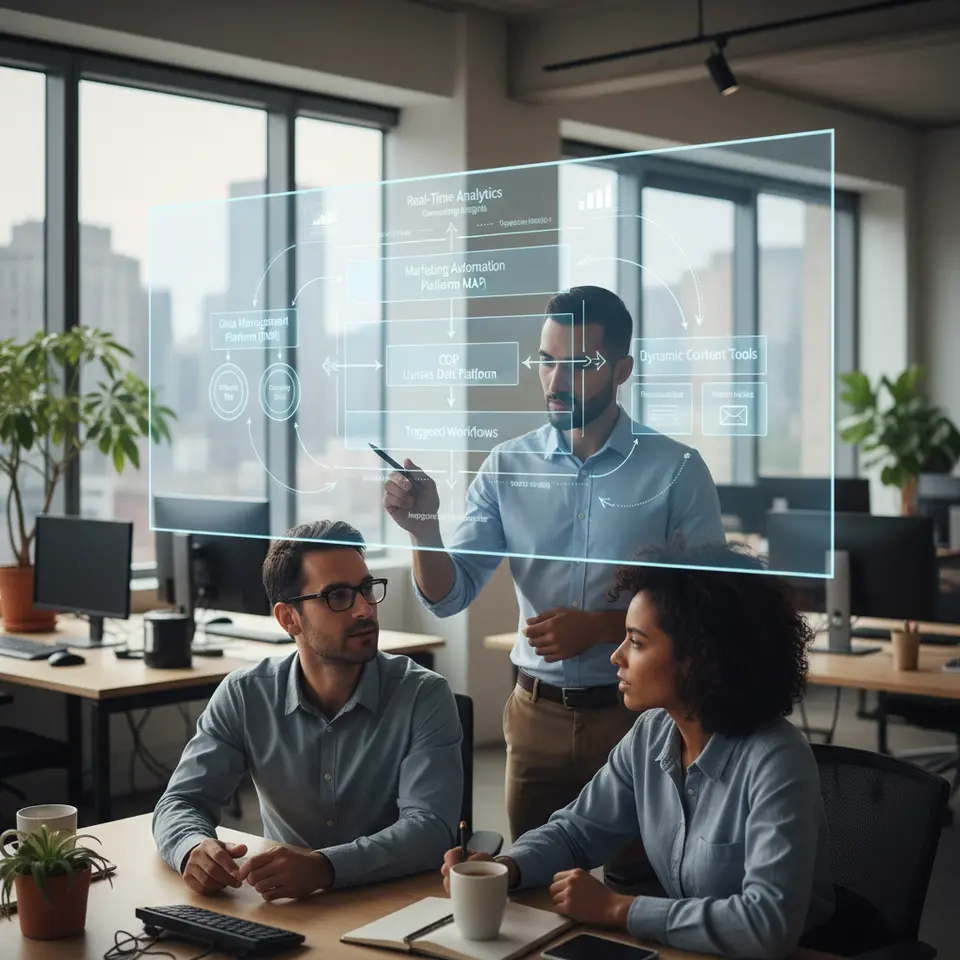 The technology stack for dynamic outbound outreach: illustrate a layered diagram featuring a Data Management Platform (DMP) collecting first- and third-party data, a Customer Data Platform (CDP) unifying customer profiles, a Marketing Automation Platform (MAP) triggering workflows, a real-time analytics engine generating insights, and dynamic content tools injecting personalized variables into messages. Depict arrows indicating data flow, open APIs, and integration middleware connecting each component.